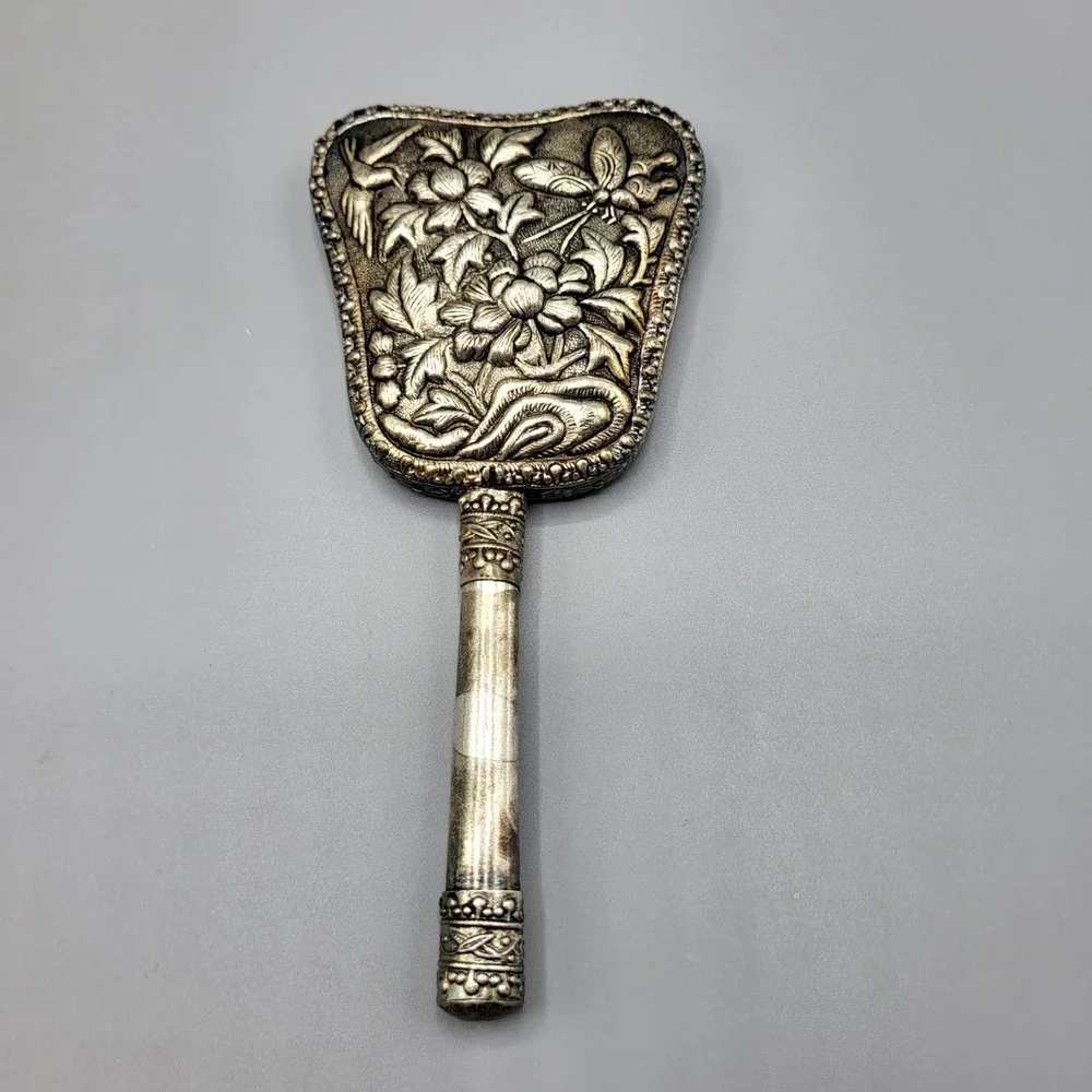 Vintage Hand Mirror Repousse Floral Dragonfly Silver Tone Ornate 6.5